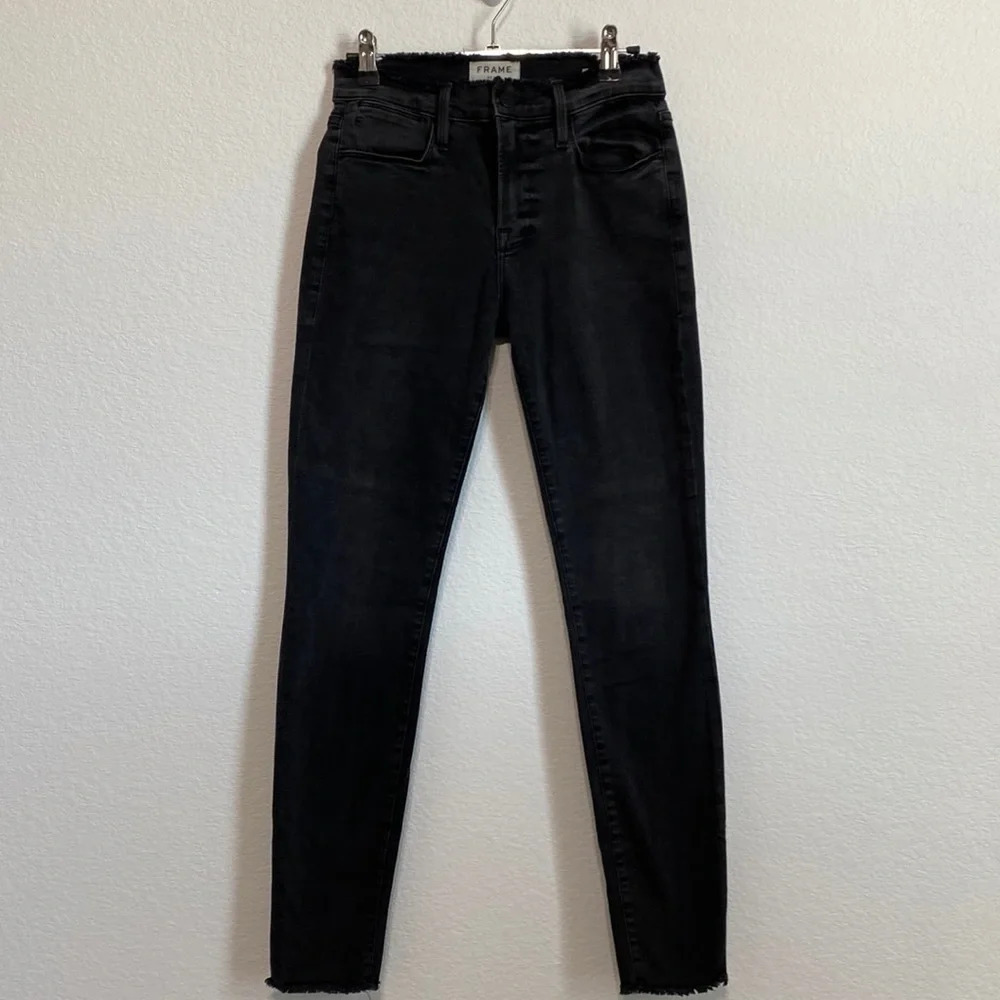 Frame Distressed Denim Black Raw Hem & Waist Le High Rise Skinny Jeans Size 26 - Picture 2 of 5